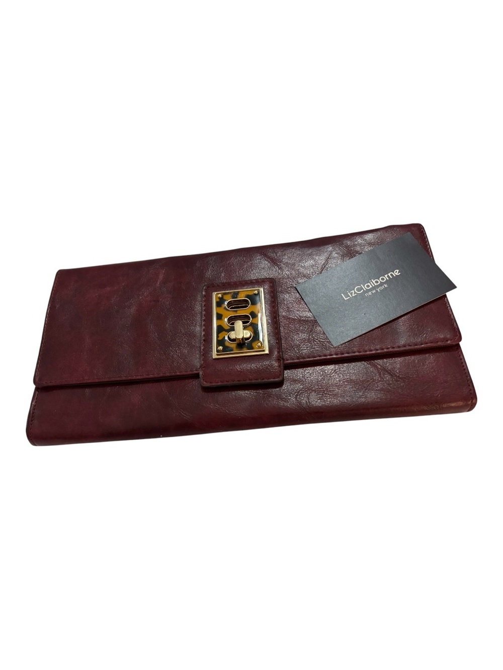 Liz Claiborne Wine Faux Leather Fold-Over Clutch with Tortoise Turn-Lock